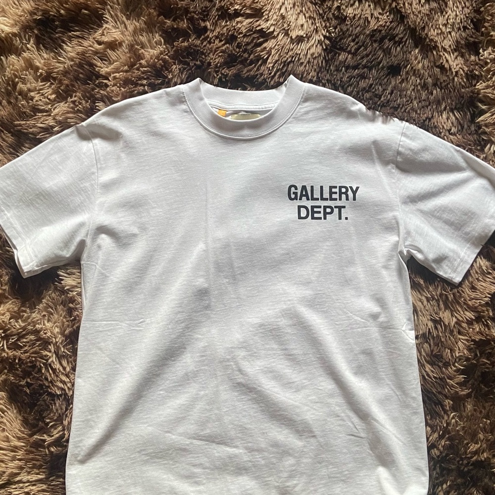 Gallery Dept White Tee with Black Logo and Tan Tag